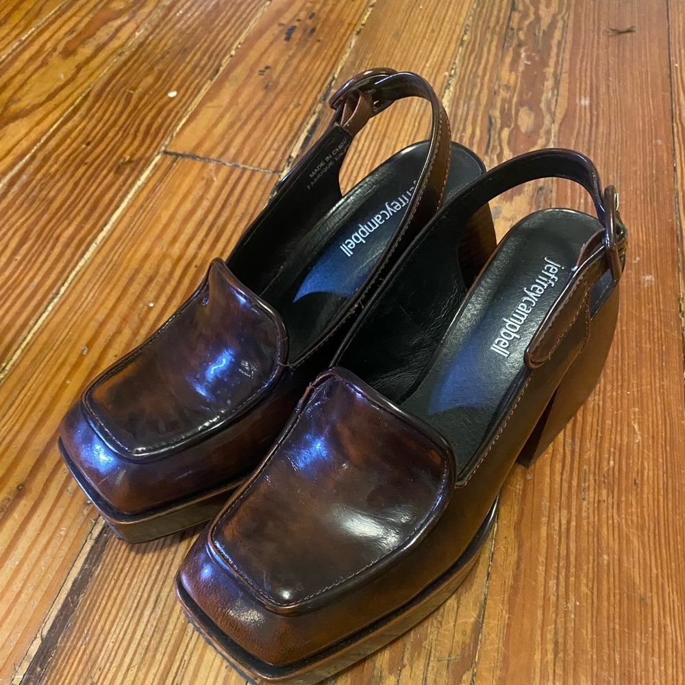Jeffery Campbell brown patent duchess clog heels